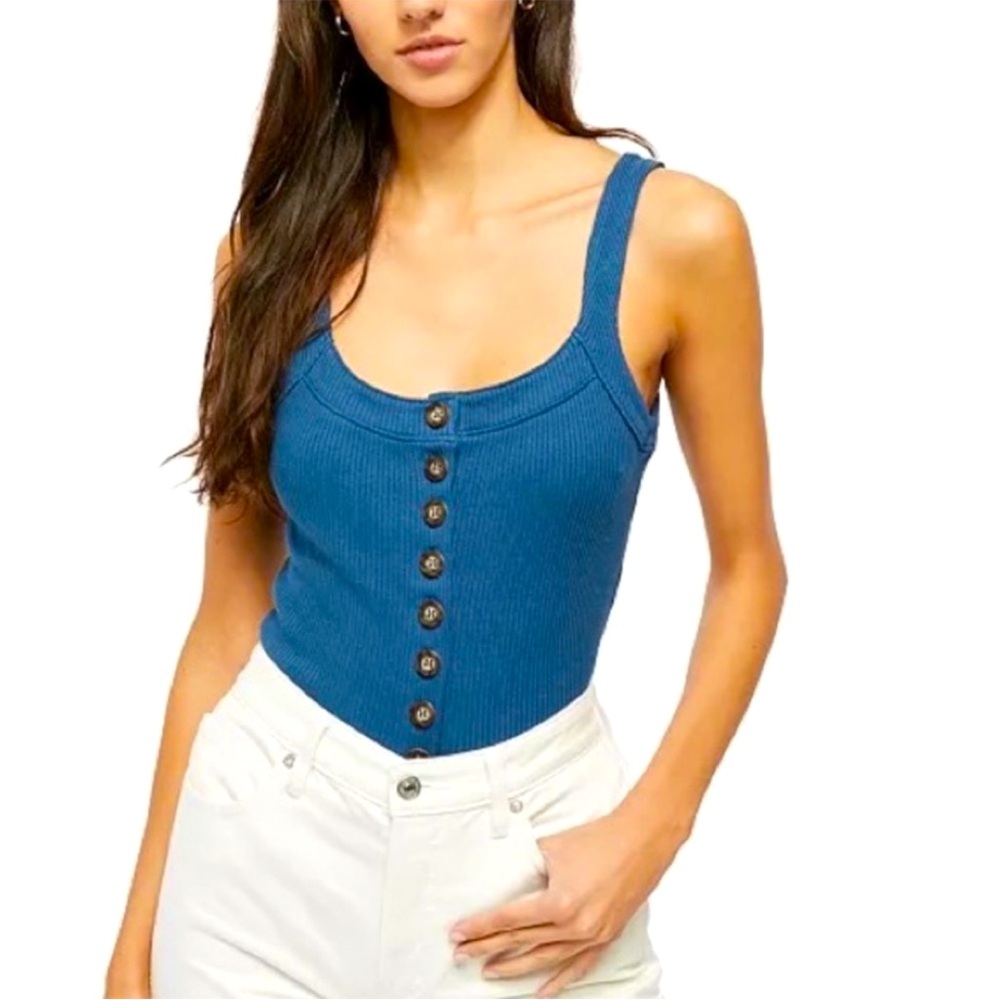 Free People Bridgette Ribbed Tank Top in Blue in Size XL